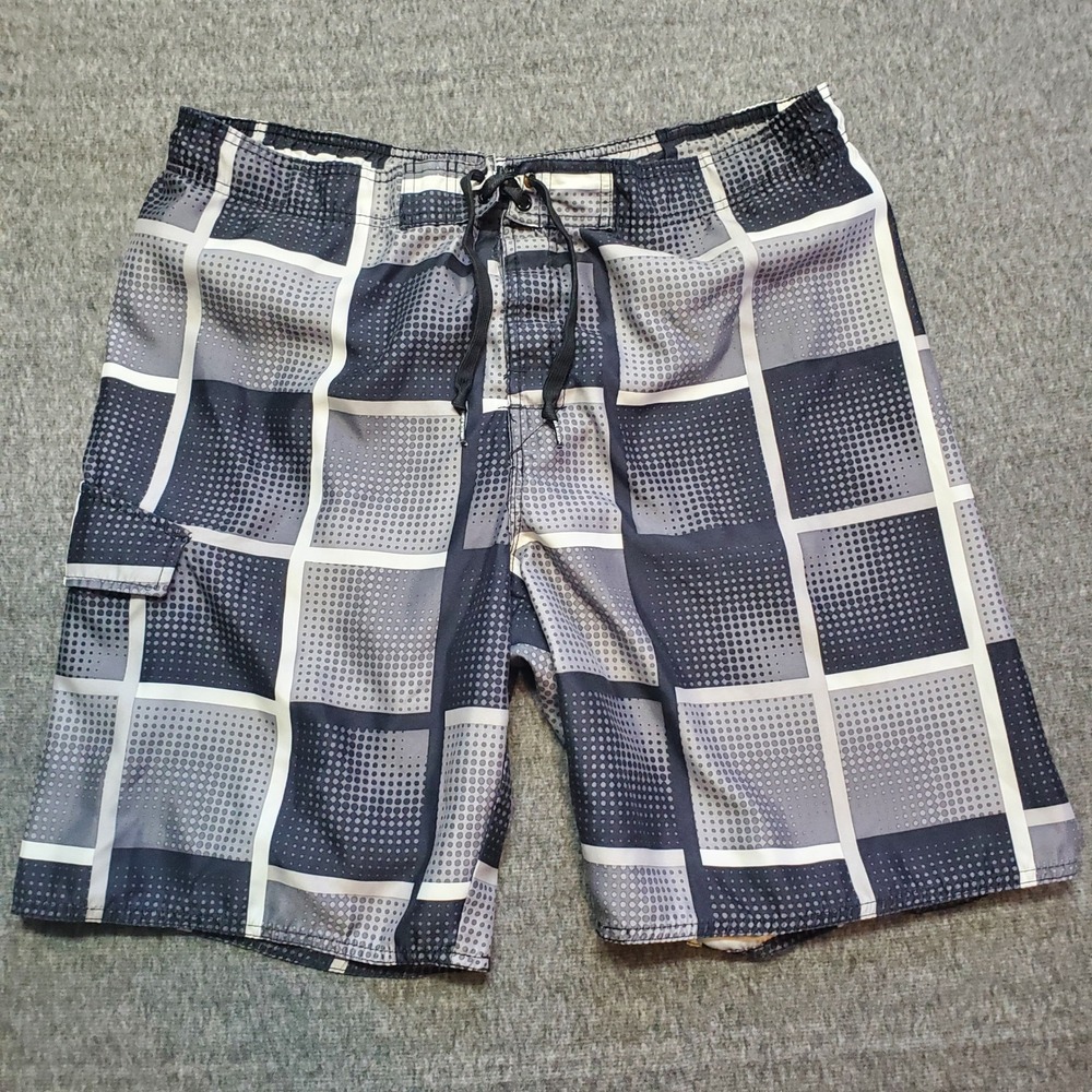 Joe Boxer Swim Trunks Mens Large Gray Plaid Draw String Beach Surf Casual Summer